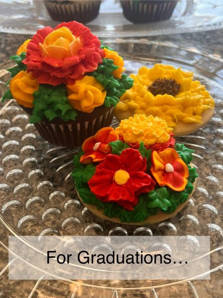 Show your team spirit with these Red and Yellow flower cupcakes and frosted sugar cookies.  Perfect for Iowa State or KC Chiefs fans.